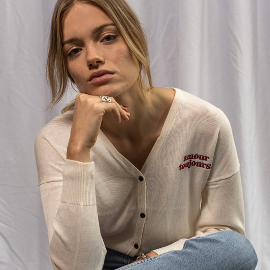 Lyocell unisex embroidered cardigan | Amour Toujours. - Les Petits Basics