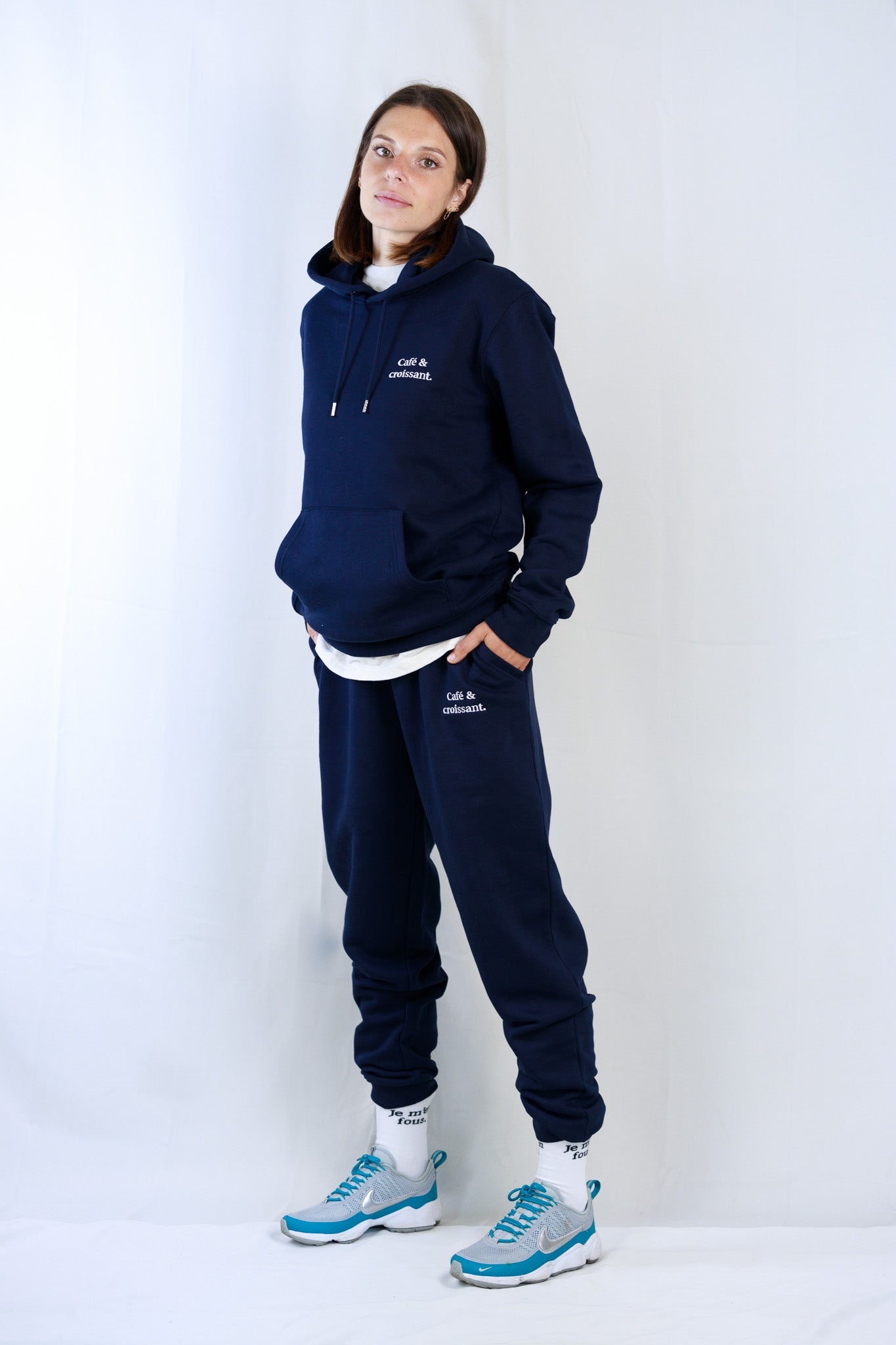 Café & croissant. unisex embroidered navy hoodie - Les Petits Basics